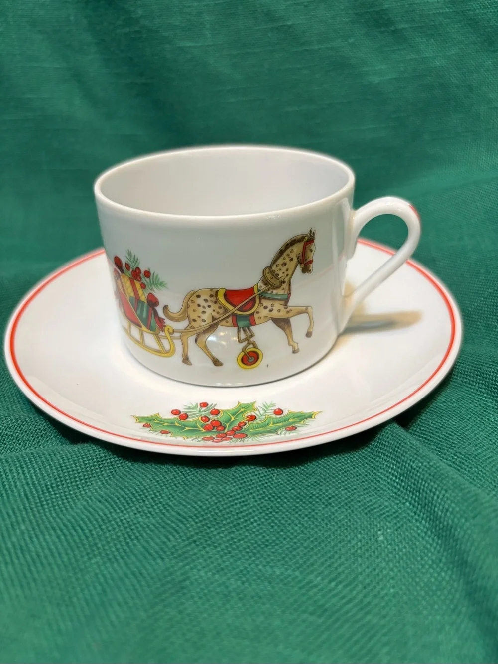 Vista Alegre Cup and Saucer with Holiday Horse Pulling Gifts Motif